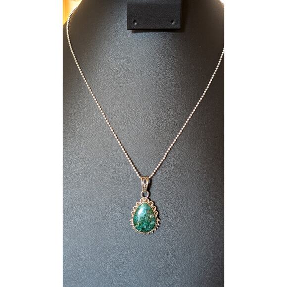 Vintage Chrysocolla 925 Sterling Silver Pendant on Bead Ball Chain Marked 925 - Picture 7 of 7